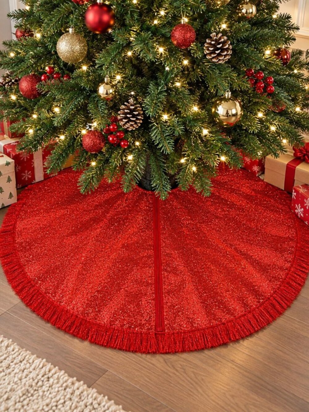Holiday Time 52-Inch Red Glitter Christmas Tree Skirt Fringe Trim Zipper Closure